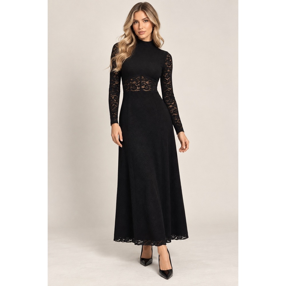 Commense Black Lace Maxi Dress with Sheer Detail size M